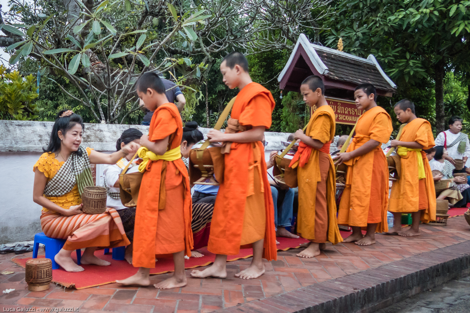 Tak Bat, una lunga processione silenziosa di monaci in abito arancione che attraversa le strade per ricevere manciate di riso caldo e profumato, che la popolazione locale offre in cestini di vimini, mentre il sole sorge sulla città di Luang Prabang